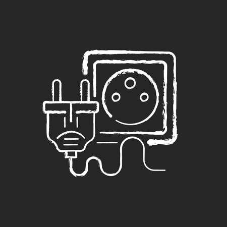 Electrical plug for tech chalk white icon on black background. Type K cable for socket. Unplug appliance. Electrical cord. Power supply, energy generation. Isolated vector chalkboard illustrationのイラスト素材