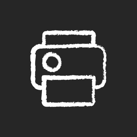 Print chalk white icon on black background. Printing process. Making copies of documents. Duplicating text files. Electronic devices. Electricity usage. Isolated vector chalkboard illustrationのイラスト素材