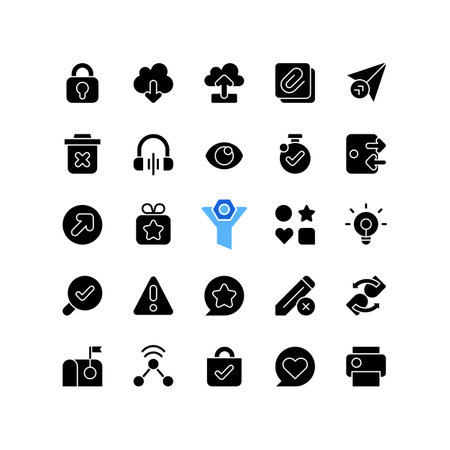 Interface black glyph icons set on white space. Downloading and uploading different personal data. Print your text documents. Sending messages. Silhouette symbols. Vector isolated illustrationのイラスト素材