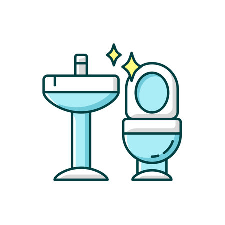 Cleaning bathroom RGB color icon. Housekeeping. Professional janitorial service. Ceramic lavatory appliances. Clean sink and toilet. Isolated vector illustrationのイラスト素材