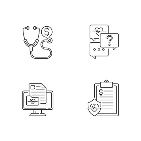 Full-service telehealth platform linear icons set. Consultation fee. Free question to specialist. Customizable thin line contour symbols. Isolated vector outline illustrations. Editable strokeのイラスト素材