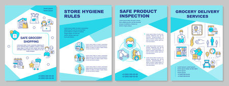 Safe grocery shopping brochure template. Curbside pickup. Retail. Flyer, booklet, leaflet print, cover design with linear icons. Vector layouts for magazines, annual reports, advertising postersのイラスト素材