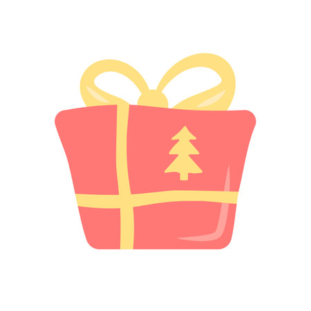 Christmas present flat vector abstract element. Surprise with xmas tree ornament. Happy New Year. Gift RGB color clipart. Wrapped box with ribbon bow isolated organic shape on white backgroundのイラスト素材