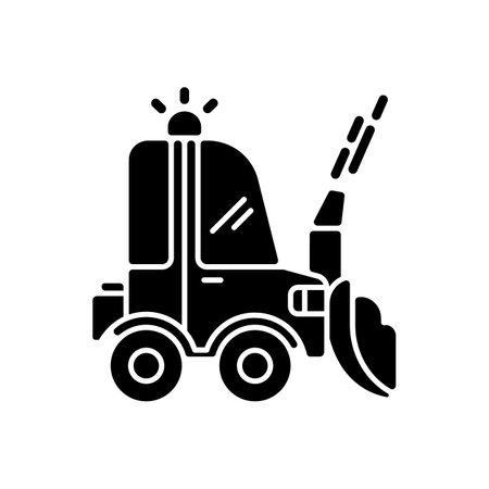 Snow blowing black glyph icon. Using machine for removing snow from area around your house. Cleaning service in winter. Silhouette symbol on white space. Vector isolated illustrationのイラスト素材