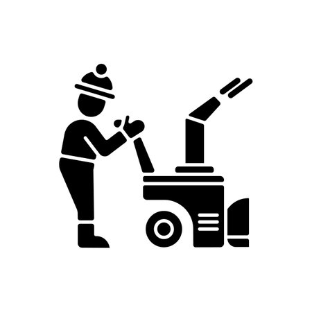 Snow sweeping black glyph icon. Removing huge amounts of snow after stormy snowfall. Cleaning streets. Popular winter services. Silhouette symbol on white space. Vector isolated illustrationのイラスト素材