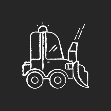 Snow blowing chalk white icon on black background. Using machine for removing snow from area around your house. Cleaning service in winter. Isolated vector chalkboard illustrationのイラスト素材