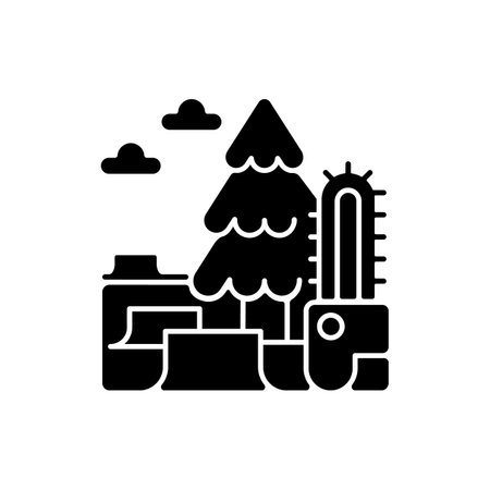 Deforestation black glyph icon. Removal process of world forest. Damaging lands with clearing trees. Changing planet climate. Silhouette symbol on white space. Vector isolated illustrationのイラスト素材