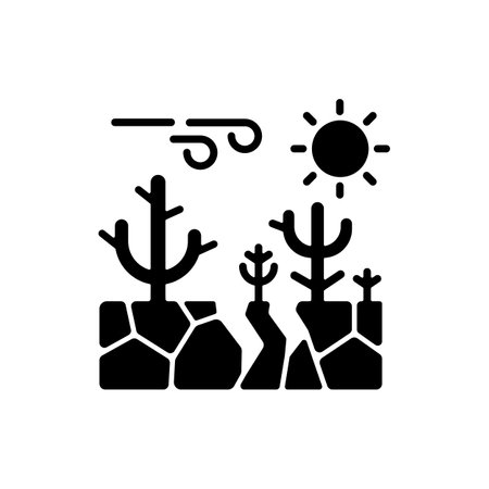 Climate change black glyph icon. Human emissions of greenhouse gases. Large scale shifts in weather patterns. Global warming on earth. Silhouette symbol on white space. Vector isolated illustrationのイラスト素材