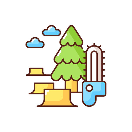 Deforestation RGB color icon. Removal process of world forest. Damaging lands with clearing trees. Changing planet climate. Isolated vector illustrationのイラスト素材