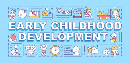 Early childhood development word concepts banner. Psychological, cognitive, social growth. Infographics with linear icons on blue background. Isolated typography. Vector outline RGB color illustrationのイラスト素材