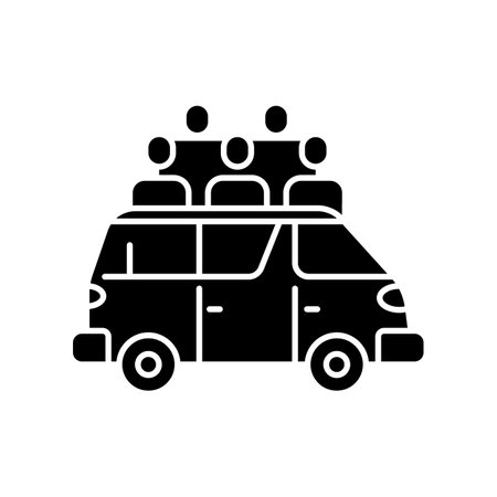Share taxi black glyph icon. Mode of transport which falls between taxicab and bus. Vehicles that help people to reach their work places. Silhouette symbol on white space. Vector isolated illustrationのイラスト素材