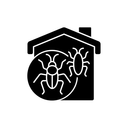 Insect invasion black glyph icon. Bugs indoors. Cockroaches, beetles, crickets, fleas. Bed bug infestation prevention. Pest control. Silhouette symbol on white space. Vector isolated illustrationのイラスト素材