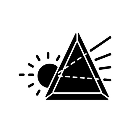 Prisma black glyph icon. Wedge-shaped optical component. Light beam deviation. Analyzing and reflecting light. Telescopes, microscopes. Silhouette symbol on white space. Vector isolated illustrationのイラスト素材