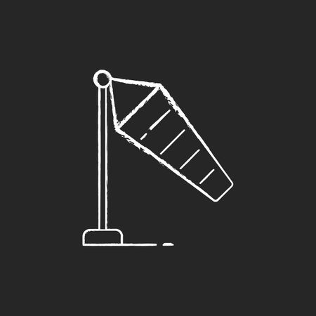 Windsock chalk white icon on black background. Wind direction and speed. Conical textile tube. Compass point. Orange and white stripes. Airfield, airport. Isolated vector chalkboard illustrationのイラスト素材