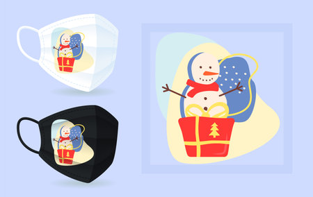 Winter holidays face mask mockup with abstract element layout. Blue, red ornaments. Snowman with scarf. Colorful 2D graphic shapes in modern creative style. Trendy isolated doodles illustrationのイラスト素材