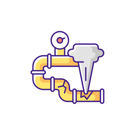 Gas leak RGB color icon. Damaged gas pipe. Carbon monoxide poisoning. Toxic gases and air quality issues. Gas-burning appliance. Central heating system. Isolated vector illustrationのイラスト素材
