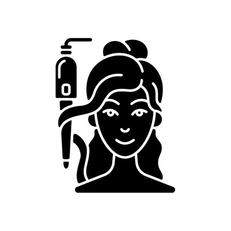 Curling iron black glyph icon. Hair tong. Changing hair structure using heat. Styling tool. Straightening iron. Hairstyling appliance. Silhouette symbol on white space. Vector isolated illustrationのイラスト素材