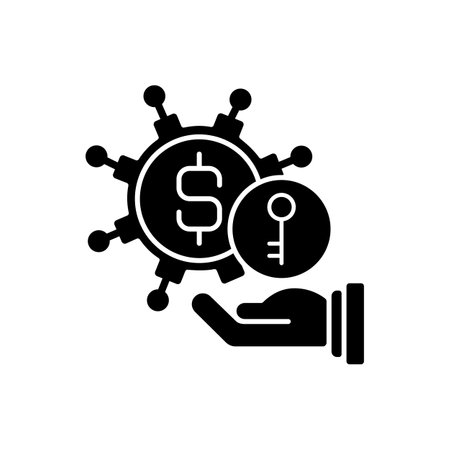 Turnkey finance functions black glyph icon. Successful business model. Provider assumes responsibility for all required setup. Silhouette symbol on white space. Vector isolated illustrationのイラスト素材