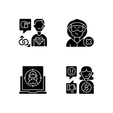 Cyber bullying black glyph icons set on white space. Block or mute harasser. Ban internet troll. Online sexual harassment. Offensive comment. Silhouette symbols. Vector isolated illustrationのイラスト素材
