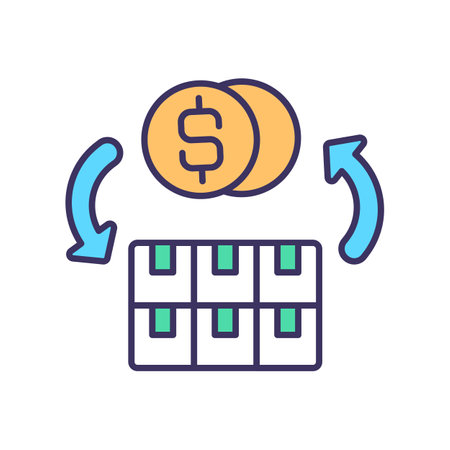 Selling and transferring assets RGB color icon. Tangible and intangible capital. Revenue profits. Inventory and equipment. Stock sale. Trading activity. Isolated vector illustrationのイラスト素材