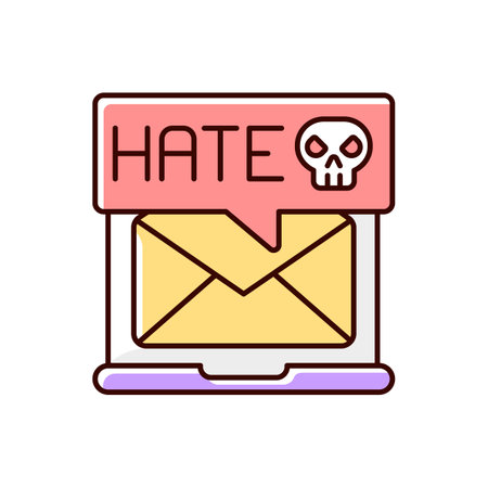 E-mail cyberbullying RGB color icon. Hate messages. Offensive mail. Online harassment. Internet bullying and cyberharassment. Receive hurtful anonymous text. Isolated vector illustrationのイラスト素材