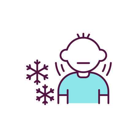 Child in inappropriate clothes for winter RGB color icon. Cold weather. Young boy shivering. Low temperature. Parental neglect sign. Kids welfare and wellbeing. Isolated vector illustrationのイラスト素材