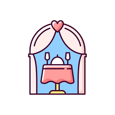 Wedding reception RGB color icon. Romantic dinner. Marriage venue. Engagement date celebration. Newlywed congratulation. Catering and banquet for special event. Isolated vector illustrationのイラスト素材