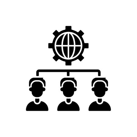 Outsourcing black glyph icon. Obtaining goods and services from foreign supplier. Business practice. Hiring company for performing tasks. Silhouette symbol on white space. Vector isolated illustrationのイラスト素材