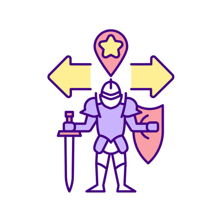 Upgrading character RGB color icon. Developing realistic story plot in your final release game. Giving choice to player inside your product for different endings. Isolated vector illustrationのイラスト素材
