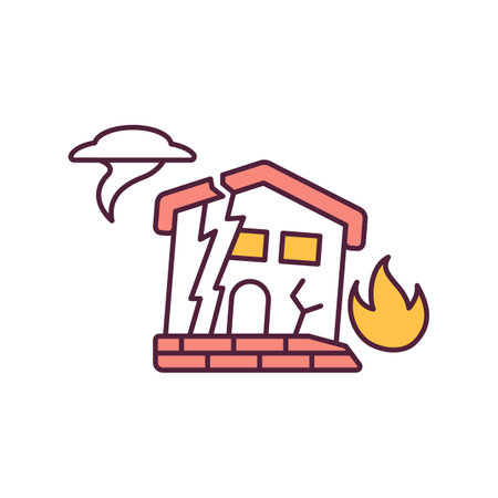 Climate change red RGB color icon. Destruction of houses due to natural disasters. Global warming. Influence of nature on humans. Climate justice. Ecological migration Isolated vector illustrationのイラスト素材