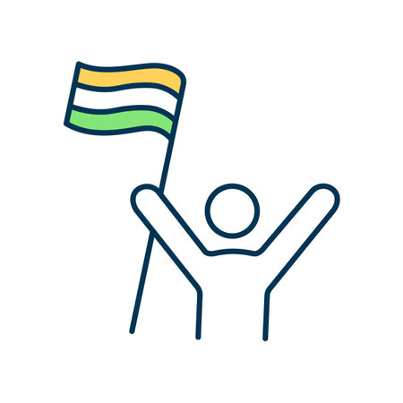 Indian independence day celebration RGB color icon. Man with tricolor flag. Independant India republic. Celebrate freedom. National festival. Patriotic person. Isolated vector illustrationのイラスト素材