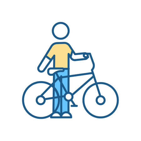 Bicycle riding RGB color icon. Driver with bike. Driving and cycling. Alternative transportation. Exercising and sport. Young student with vehicle. Sportive person. Isolated vector illustrationのイラスト素材