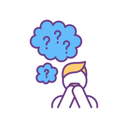 Stress and anxiety RGB color icon. Alzheimer's disease. Worried person. Confused man. Memory loss. Trouble with remembering. Life crisis. Psychological trauma. Isolated vector illustrationのイラスト素材