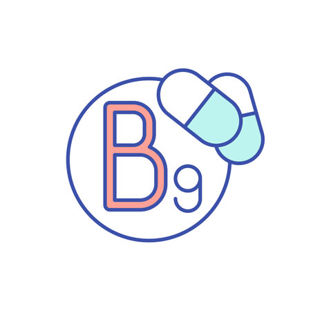 B9 vitamin RGB color icon. Folic acid. Pharmaceutical dietary supplement for health care. Mineral complex in medicament form. Nutritionology, nutrition for healthy eating. Isolated vector illustrationのイラスト素材