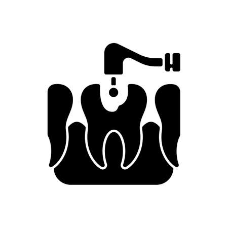 Caries treatment black glyph icon. Painless dental treatment. Professional dental care. Crown restoration. Endodontic root canal. Silhouette symbol on white space. Vector isolated illustrationのイラスト素材