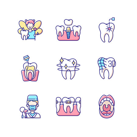 Denistry RGB color icons set. Instruments for dental treatment. Dental Implants Procedure. Professional dental occupation. Teeth cleaning. Pediatric dentistry. Isolated vector illustrationsのイラスト素材