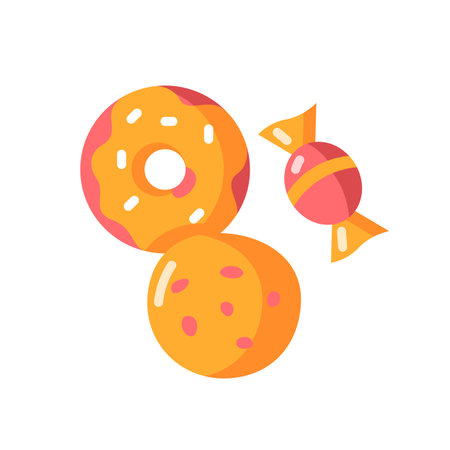 Cookie and candy vector flat color icon. Sweets products. Donut with icing. Bakery goods. Treats, desserts. Confectionary store. Cartoon style clip art for mobile app. Isolated RGB illustrationのイラスト素材