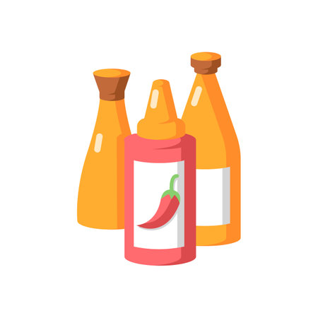 Sauces vector flat color icon. Ketchup in bottle. Condiment for cooking. Meal dressings. Tabasco in bottle. Chili pepper. Hot sauce. Cartoon style clip art for mobile app. Isolated RGB illustrationのイラスト素材