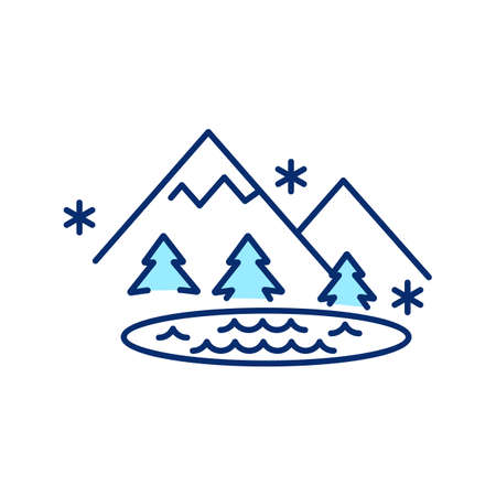 Frozen mountain lake RGB color icon. Snowy highlands. Icy hills. Arctic landscape. Winter vacation destination. Wintertime outdoor recreation. Skiing resort. Isolated vector illustrationのイラスト素材