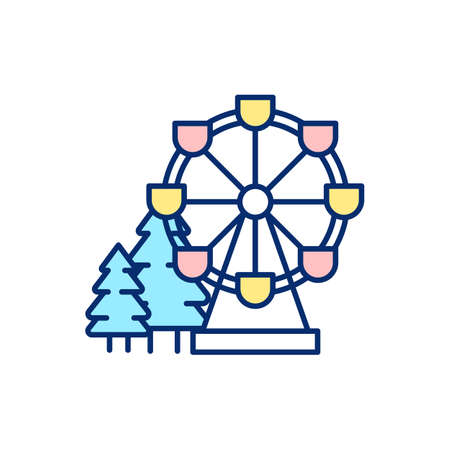 Winter wonderland attraction RGB color icon. Ferris wheel. Amusement park. Wintertime holiday recreation. Snow season fun activity. Seasonal carnival. Theme park. Isolated vector illustrationのイラスト素材