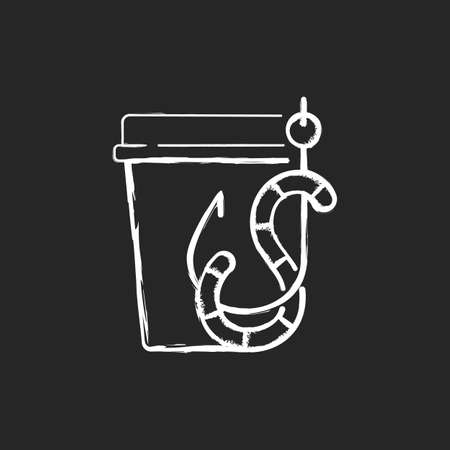 Live bait chalk white icon on black background. Worm on hook. Fishing equipment. Basic fishing baits. Fishing tournament. Fishing beginners kit. Isolated vector chalkboard illustrationのイラスト素材
