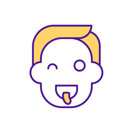 Entertainment RGB color icon. Boy having fun. Man showing tongue. Playing games. Child mocking and teasing. Preschool leisure time. Early childhood development. Isolated vector illustrationのイラスト素材
