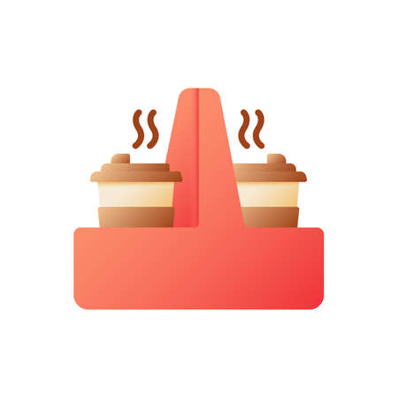 Hot coffee in cups to go vector flat color icon. Coffeeshop take out order. Drinks for take away in carton holder. Fast food delivery. Cartoon style clip art for mobile app. Isolated RGB illustrationのイラスト素材