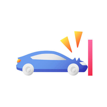 Crash test vector flat color icon. Traffic accident, car wreck. Vehicle protective systems check. Road danger. Auto hitting wall. Cartoon style clip art for mobile app. Isolated RGB illustrationのイラスト素材