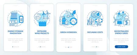 Offshore wind projects onboarding mobile app page screen with concepts. Energy storage innovation walkthrough 5 steps graphic instructions. UI vector template with RGB color illustrationsのイラスト素材