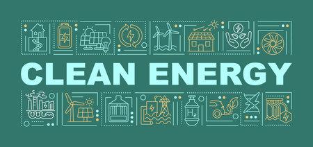 Clean energy word concepts banner. Air pollution. Global warming. Climate change. Infographics with linear icons on green background. Isolated typography. Vector outline RGB color illustrationのイラスト素材