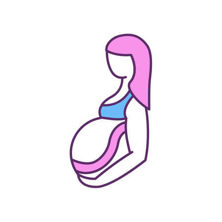 taping techniques during pregnancy RGB color icon. Belly belt. Taping application for pregnant belly. Reducing pain, spasms, swelling. Back support. Isolated vector illustrationのイラスト素材