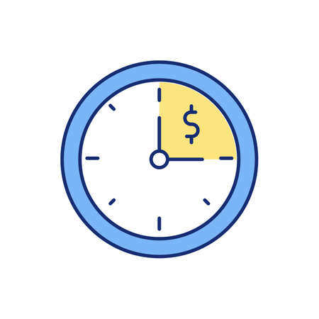 Working hours RGB color icon. Additional overtime payments. Regular pay rates. Working time limit. Extra hours. Normal hourly payments. Receiving overtime pay. Isolated vector illustrationのイラスト素材