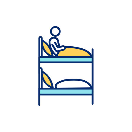 Bunk bed in dormitory RGB color icon. Low-cost shared sociable lodging. Hostel room. Inexpensive lodging facility for travelers. Dormitory-style sleeping arrangements. Isolated vector illustrationのイラスト素材