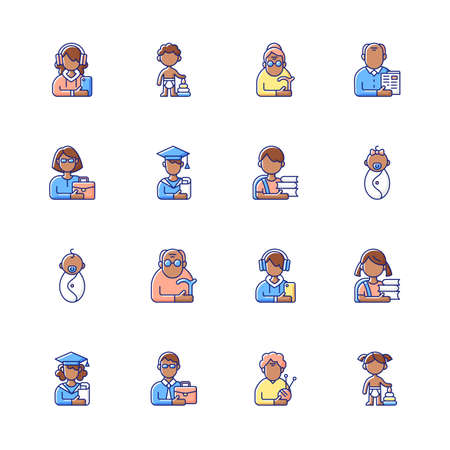 Different age and gender groups RGB color icons set. Aging process. Child development. Adolescent years. Teenager. Senior citizen. Middle-aged person. Early adulthood. Isolated vector illustrationsのイラスト素材